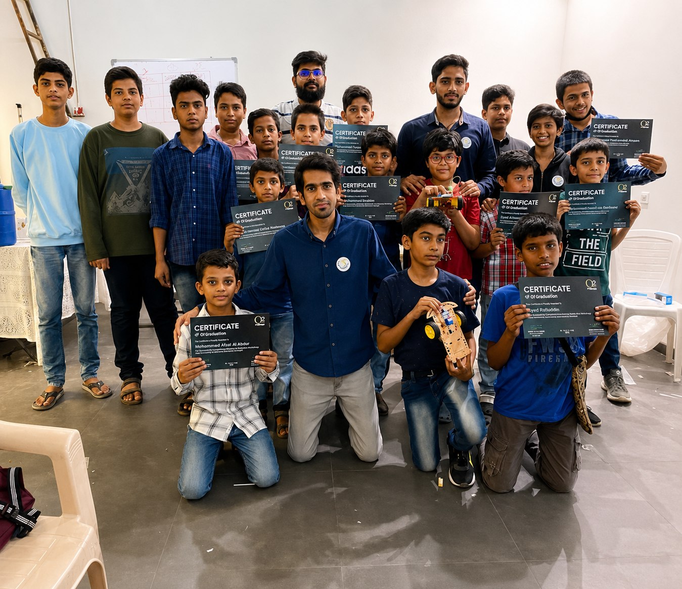 Students and instructors posing with project models and completion certificates