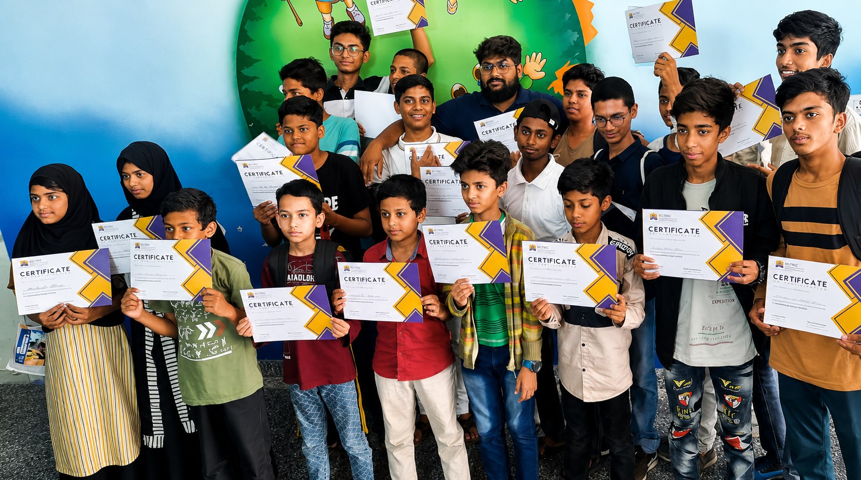 A group of students holding certificates after completing a practical learning workshop